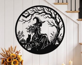 Halloween Witch Metal Wall Art, Gothic Black Cat Wall Decor, Spooky Tree Pumpkin Wall Hanging, Cottagecore Home Gift, Halloween Gift