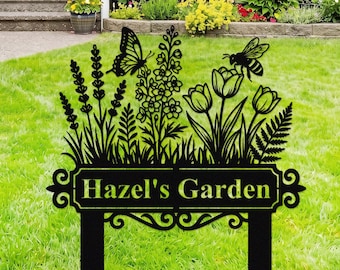 Custom Garden Sign with Stakes, Personalized Garden Sign, Gardener Name Sign, Metal Yard Sign, Mom's Metal Garden Decor, Porch Decor