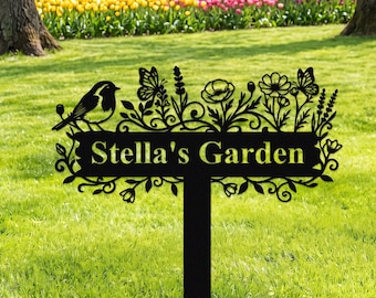 Custom Metal  Garden Stake,  Bird Garden Sign,  Personalized Gardener Name Sign,  Mom's Garden Decor, Outdoor Yard Art
