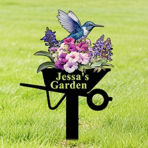 Custom Hummingbird Memorial Garden Sign,Personalized Hummingbird Metal Garden Decor,Flower Design Garden Stake,Garden Name Sign,Home Gift