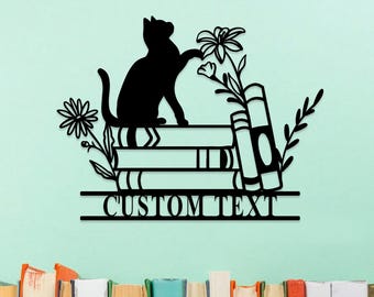 Custom Library Sign, Personalized Reading Nook Metal Sign, Reading Room Sign, Book Nook Decor, Cat Wall Art, Bookshelf Sign, Book Worm Sign