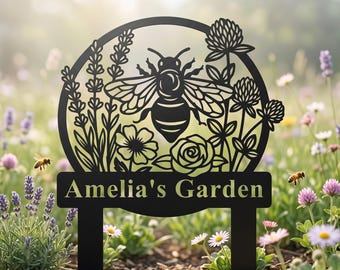 Custom Honey Bee Metal Garden Stakes, Personalized Honey Bee Sign, Bee Flowers Sign, Outdoor Bee Yard Art, Gift for Gardener