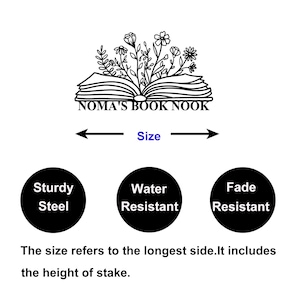 May include: A white background with the text "NOMA'S BOOK NOOK" above a floral design. Below are three black circles with the words "Sturdy Steel", "Water Resistant", and "Fade Resistant". The text "Size" is between two arrows. The text "The size refers to the longest side. It includes the height of stake."