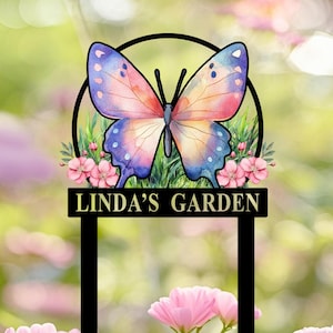 Letrero de mariposa personalizado para jardín, letrero metálico con forma de mariposa, letrero con nombre de jardinero personalizado, arte metálico para jardín, decoración de jardín, regalo para amantes de la jardinería.