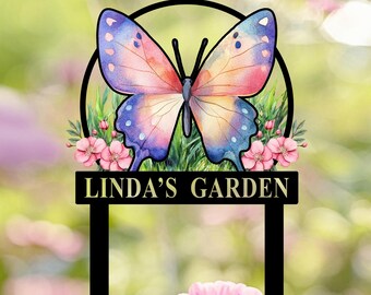 Personalized Butterfly Garden Stakes Sign, Butterfly Metal Sign, Custom Gardener Name Sign, Metal Yard Art, Garden Decor, Garden Lover Gift