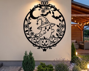 Halloween Ghost Metal Sign, Spooky Pumpkin Moon Bat Wall Art, Fall Door Hanger, Vintage Halloween Home Decor Gift,  Halloween  Gift
