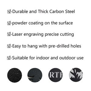 May include: Black metal wall art with the text: Durable and Thick Carbon Steel, powder coating on the surface, Laser engraving precise cutting, Easy to hang with pre-drilled holes, and Suitable for indoor and outdoor use. Includes four circular design samples.