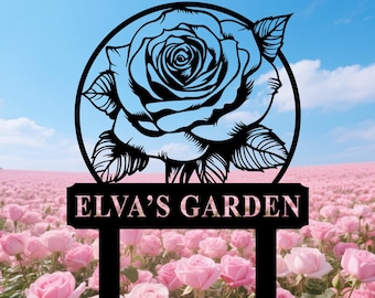 Benutzerdefiniertes Rosengarten-Schild mit Einsatz, personalisiertes Metall-Rosengartenschild, Rosengarten-Schild, Gärtnernamenschild, Blumen-Yard-Schild-Dekor