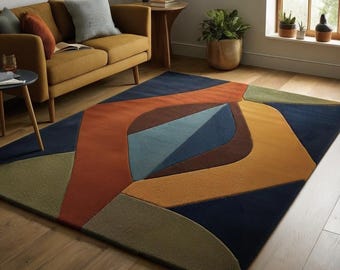 Abstract Geometric Area Rug, Modern Colorful Rug in Navy Orange Mustard, Mid Century Inspired Living Room Carpet