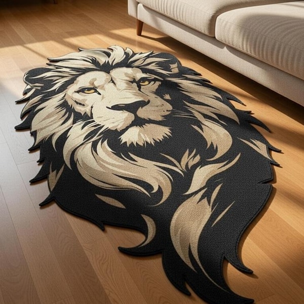 Alfombra de león tejida a mano, alfombra de lana artesanal con diseño de animales, alfombra llamativa en negro y crema, decoración de vida silvestre, sala de estar, dormitorio, forma personalizada