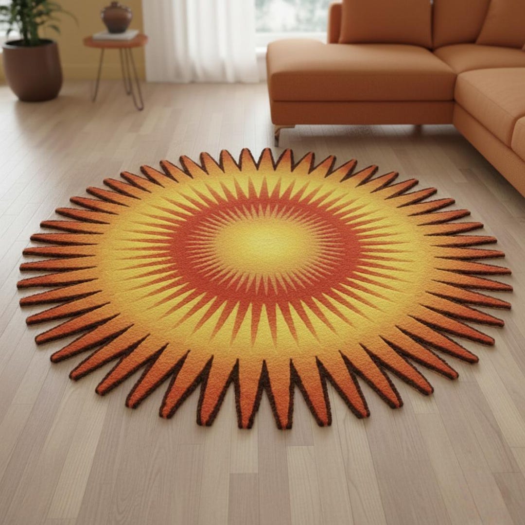 Modern Sun Rug Hand Tufted Wool Round Rug - Orange Sunburst Design, Modern Sun Rug for ...