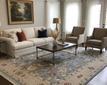 Vintage Blau Grauer Oushak Teppich, Türkischer Blumen Wollteppich, Boho Bauernhaus Dekor
