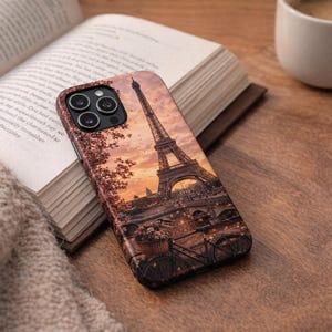 Eiffel Tower Sunset Phone Case, Paris Aesthetic iPhone Cover, Romantic Vintage Travel Gift, Dreamy Pink Floral Art Case