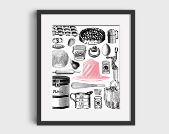 Vintage Baking Wall Print, Black and White Wall Print, 8 x 10 Wall Art, Kitchen Decor, Home Decor, Foodie, Mother's Day Gift, Gift for Mom