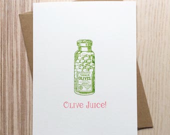 Olive Juice, Olive You, I Love You Card, Food Pun Card, Foodie Card, Vintage Card, Funny Valentine's Day Card, Anniversary Card, Handmade