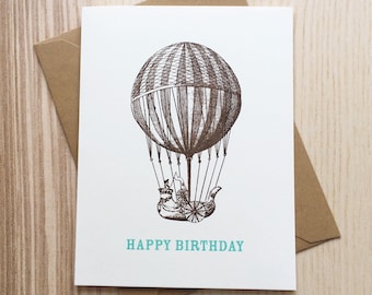 Happy Birthday Card, Vintage Hot Air Balloon, Vintage Birthday Card, Steampunk Birthday Card, Birthday Card For Him, Handmade Card