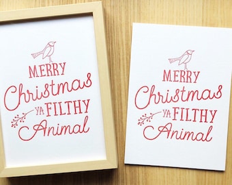 Home Alone, Merry Christmas ya Filthy Animal, Letterpress Wall Print 5x7, Christmas Decor, Home Decor, Typographic Wall Print, Holiday Deco