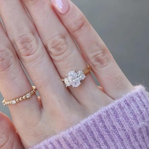 2 CT Oval Lab Diamond Ring: 14k White Gold Three Stone Engagement Ring