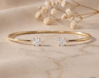 Pulseira rígida com diamantes redondos cultivados em laboratório, pulseira rígida aberta em ouro maciço 14k para presente, pulseira rígida redonda com diamantes para casamento, presente de noiva