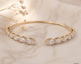 14k White Gold Lab Grown Diamond Bangle Bracelet - Minimalist Open Cuff Pear cut Bracelet