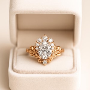 14k Gold Lab Diamond Engagement Ring: Oval Halo Art Deco Scrollwork