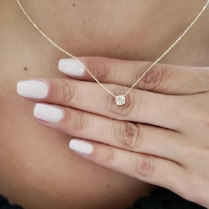 Round Lab Created Diamond Necklace, 14K Gold Lab Grown Diamond Pendant Necklace, Diamond Solitaire Necklace,Attached Diamond On Chain