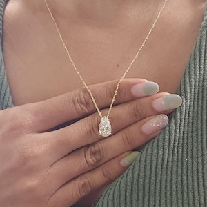 14K Gold Pear Shape Diamond Necklace, 2 Ct IGI Certified Lab Grown Diamond Solitaire Attached On Chain, Teardrop Pear Diamond Necklace