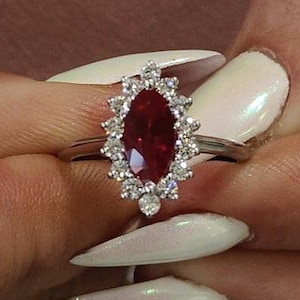 1.50 Ct Marquise Ruby Gemstone Halo Engagement Ring 14K White Gold Side Round Moissanite Diamond Wedding Ring Statement Promise Ring For Her