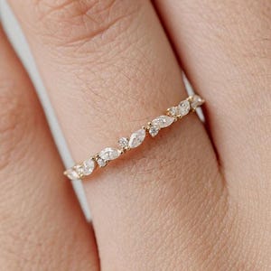 14K Gold Marquise And Round Moissanite Wedding Band, Diamond Cluster Band, Dainty Engagement Band, Half Eternity Anniversary Band For Women.