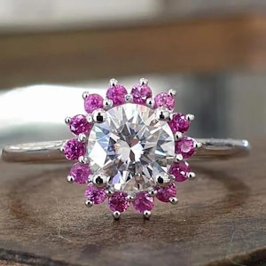 1.50Ct Round Cut Moissanite Solitaire Engagement Ring 14K Solid White Gold Pink Sapphire Diamond Halo Wedding Ring Anniversary Gift For Mom