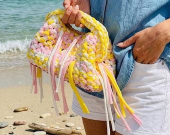 Handgemaakte gehaakte strandtas met franjes – Personaliseerbare zomertas – Papaya gehaakte tas – Cadeau voor dames – Handgemaakt in Italië