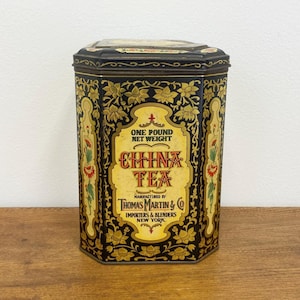 Antique Tea Tin | China Tea by Thomas Martin & Co. | Floral Tin with Hinged Lid