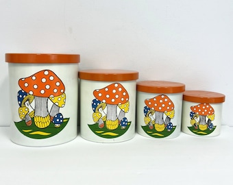 Vintage 1970s Mushroom Canister Set | 4 Nesting Canisters with Lids | Melamine