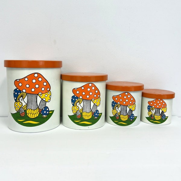 Vintage 1970s Mushroom Canister Set | 4 Nesting Canisters with Lids | Melamine