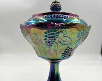 Vintage Iridescent Carnival Glass Covered Compote | Indiana Glass Harvest Grape