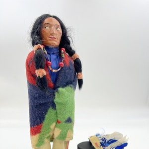 Vintage Skookum Doll with Feathered Head Dress and Tom Tom | 1940s Skookum &quot;Bully Good&quot; Doll