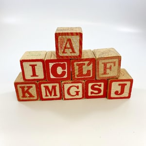 Vintage houten speelgoedblok |  Alfabetblokken | Veel van 10 houten blokken | Rood en blauw