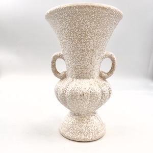 Vintage 60s Brocade Pottery Vase | White on Cream | Urn Shaped with Handles | 9 Inch