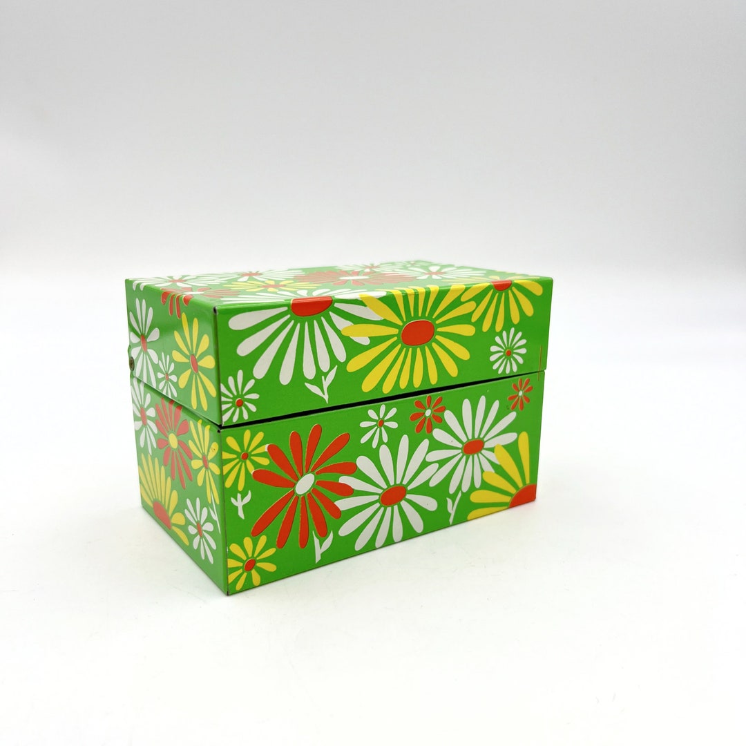 Vintage 70s Metal Index Card Box Flower Power Daisies in Etsy