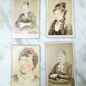 Lot of 4 Vintage CDV Photos | Hand Tinted Ladies | Illinois Photographer