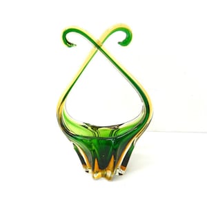 Vintage 1960s italian art glass basket / bowl | green abstract stretch glass  | ornate art deco handled glass basket