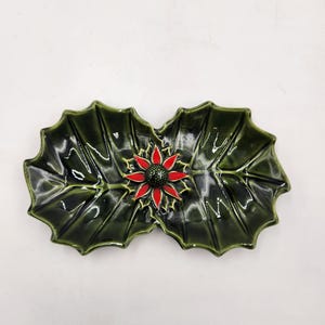 Vintage Christmas Candy Dish |  1960&#39;s Enesco Holly Leaves and Poinsettia Tray