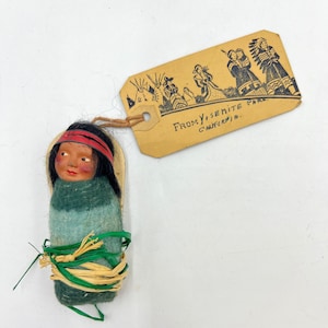 Vintage 1940s Skookum Papoose Doll with Original Tag | Baby On Cradle Board Souvenir Doll From Yosemite Park California