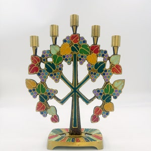 Vintage 5 Branch Menorah | 1970s Brass and Enamel Candle Holder by Terra Sancta Guild