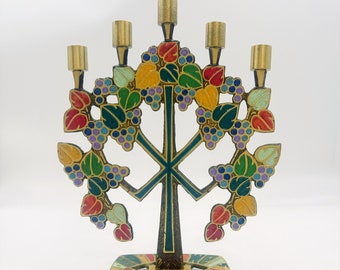 Vintage 5 Branch Menorah | 1970s Brass and Enamel Candle Holder by Terra Sancta Guild