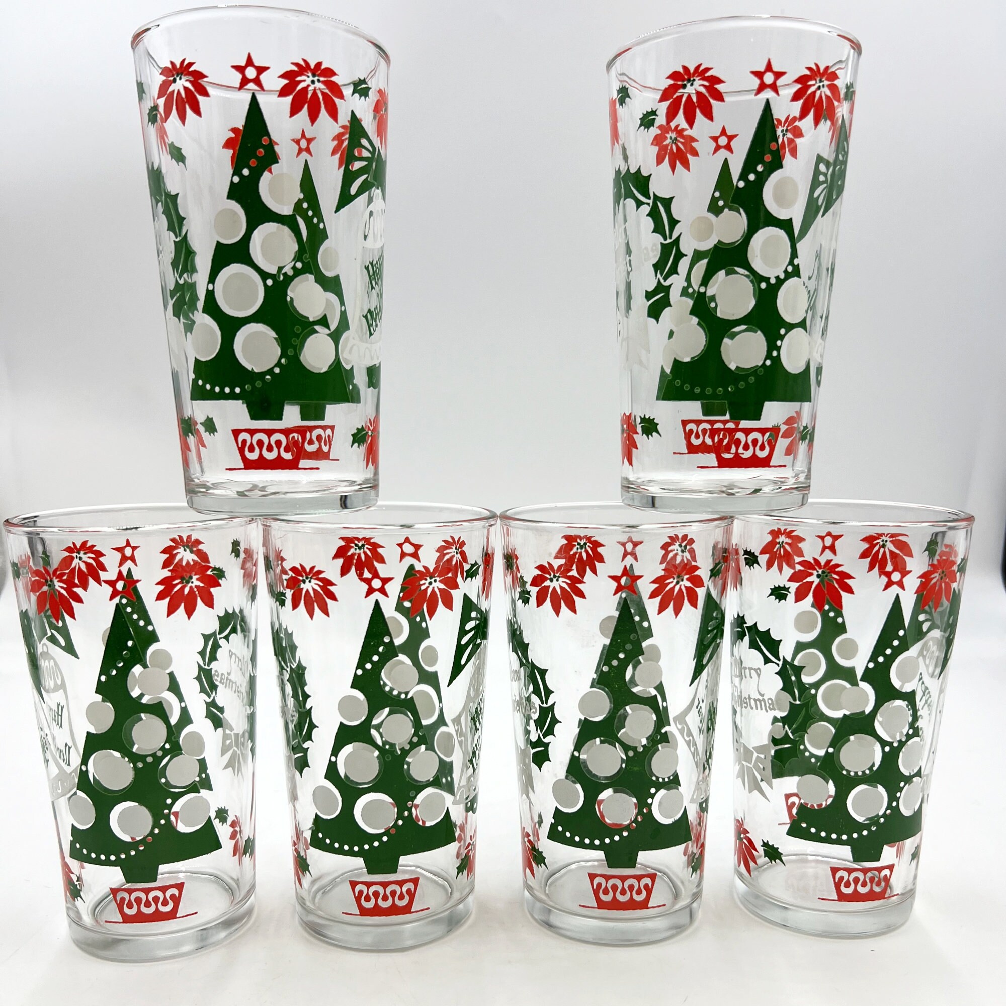 Vintage 1950s Christmas Drinking Glasses Set of 6 Hazel Atlas merry ...