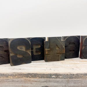 May include: A set of six dark brown wooden letterpress blocks arranged in a row. The blocks feature embossed characters including the letters S, S, E, the number 4, and the letters a and a, all showing visible wood grain and aged texture.