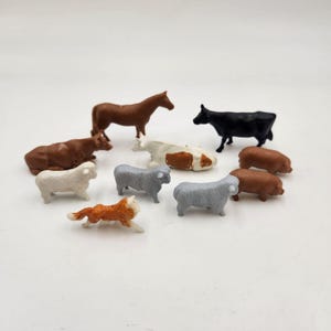 Vintage 1960&#39;s Plastic Farm Animals |  Set of 10 Toy Animals  cows - pigs - sheep - 1 horse and lassie