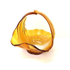 Vintage 1960s Italian Art Glass Basket Bowl | Gold Stretch Glass Basket