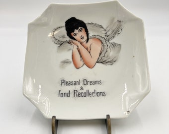 Vintage Victorian Pin Dish or Vanity Dish with Reclining Lady | Pleasant Dreams & Fond Recollections